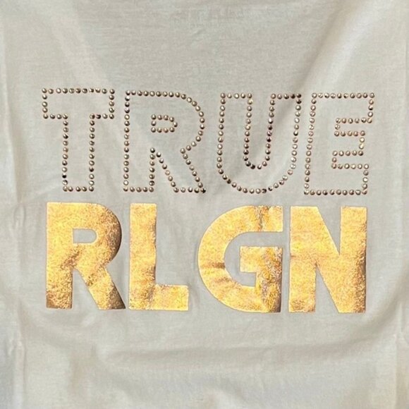NWT TRUE RELIGION CRYSTAL TRUE RLGN Print VneckcTEE Rhinestone Style 207155 Sz L - Picture 7 of 9